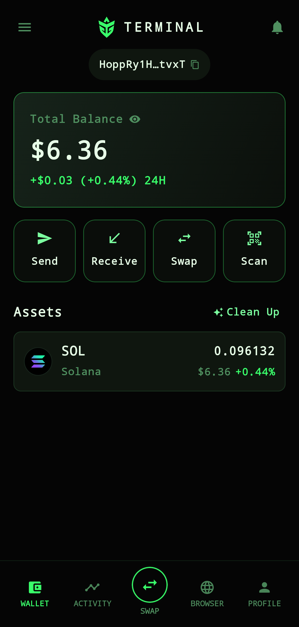 Tribe Terminal wallet screen